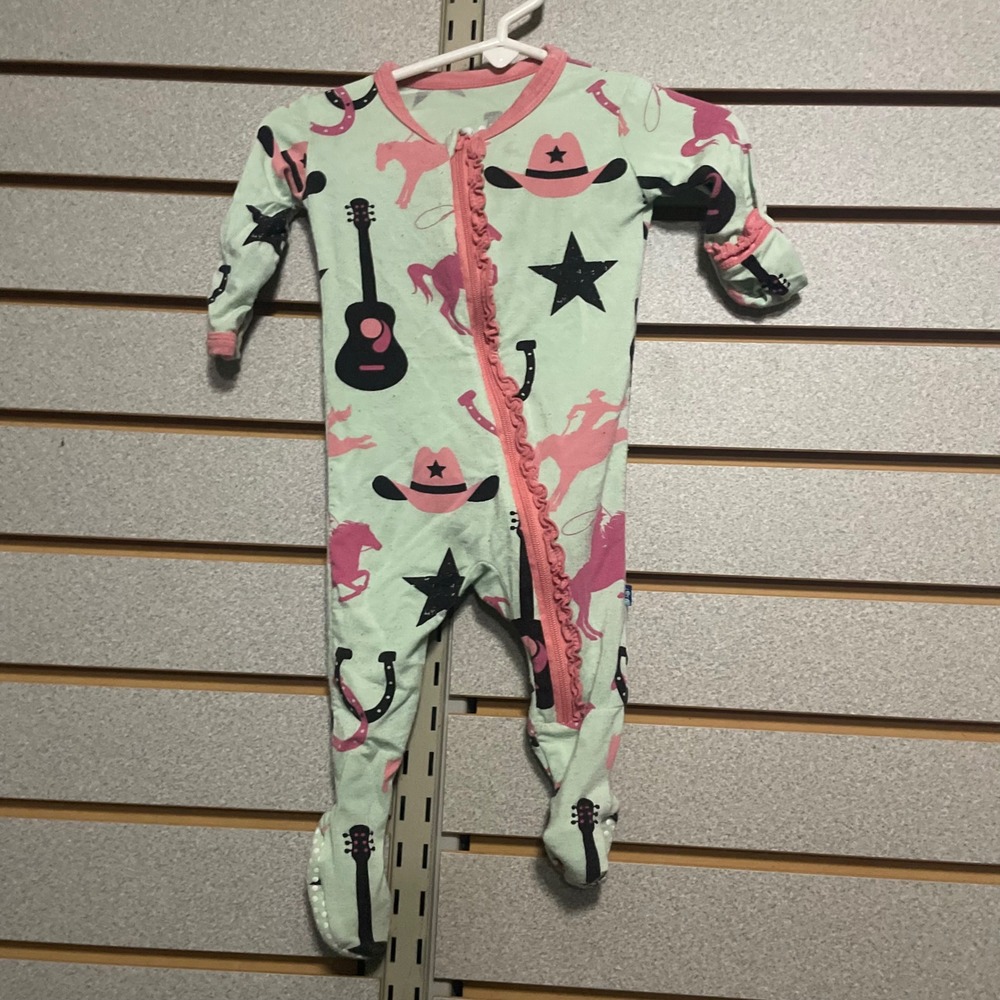 Kickee Pants Cowgirl Western Print‎ Bamboo Ruffle Footie Sleeper Mint Pink 0-3M